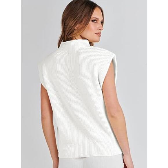 Caracilia White Knit Sleeveless Sweater, Layering Vest, Ribbed Mock Neck Top XL - Picture 4 of 8